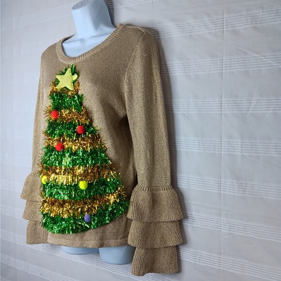 Holiday Time Dimensional Christmas Tree Ugly Sweater Size Small Ruffle Sleeves - Picture 2 of 12